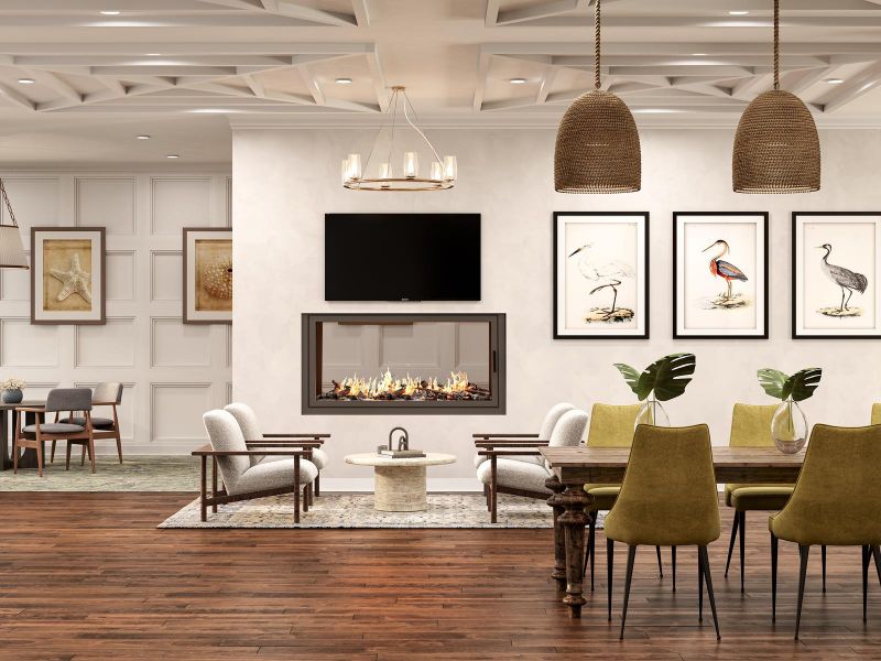 Modern lounge with fireplace, dining table, green chairs, bird artwork, and wooden floors.