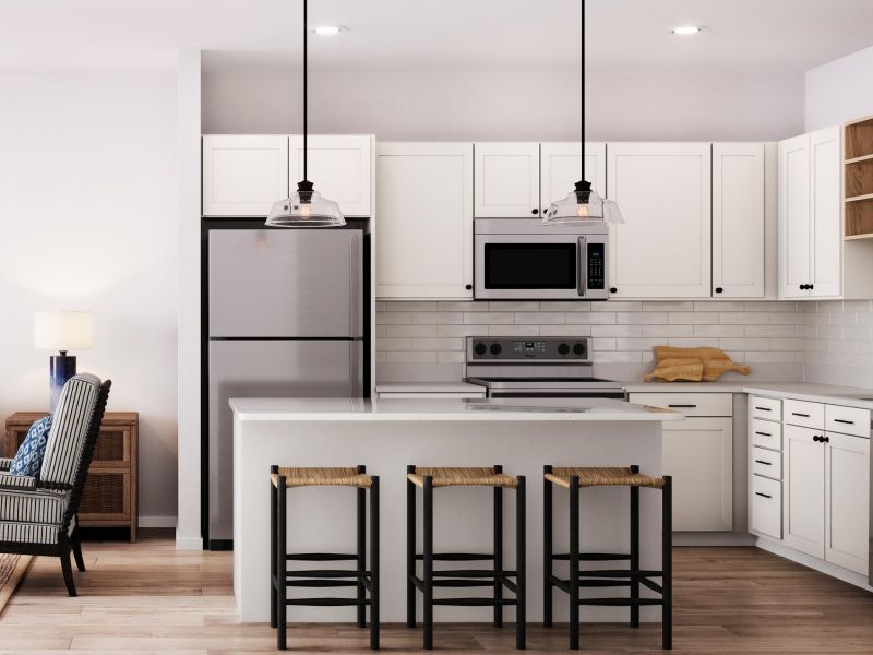 Modern kitchen with white cabinets, stainless steel appliances, and three stools at the island.